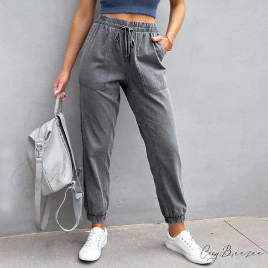 Stretch Women High Waist Wide Leg Casual Fashion Pocket Drawstring Women Clothing Mom Jean