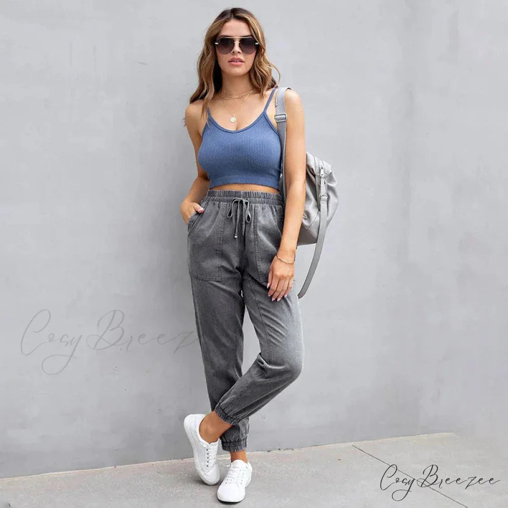 Stretch Women High Waist Wide Leg Casual Fashion Pocket Drawstring Women Clothing Mom Jean Grey / S