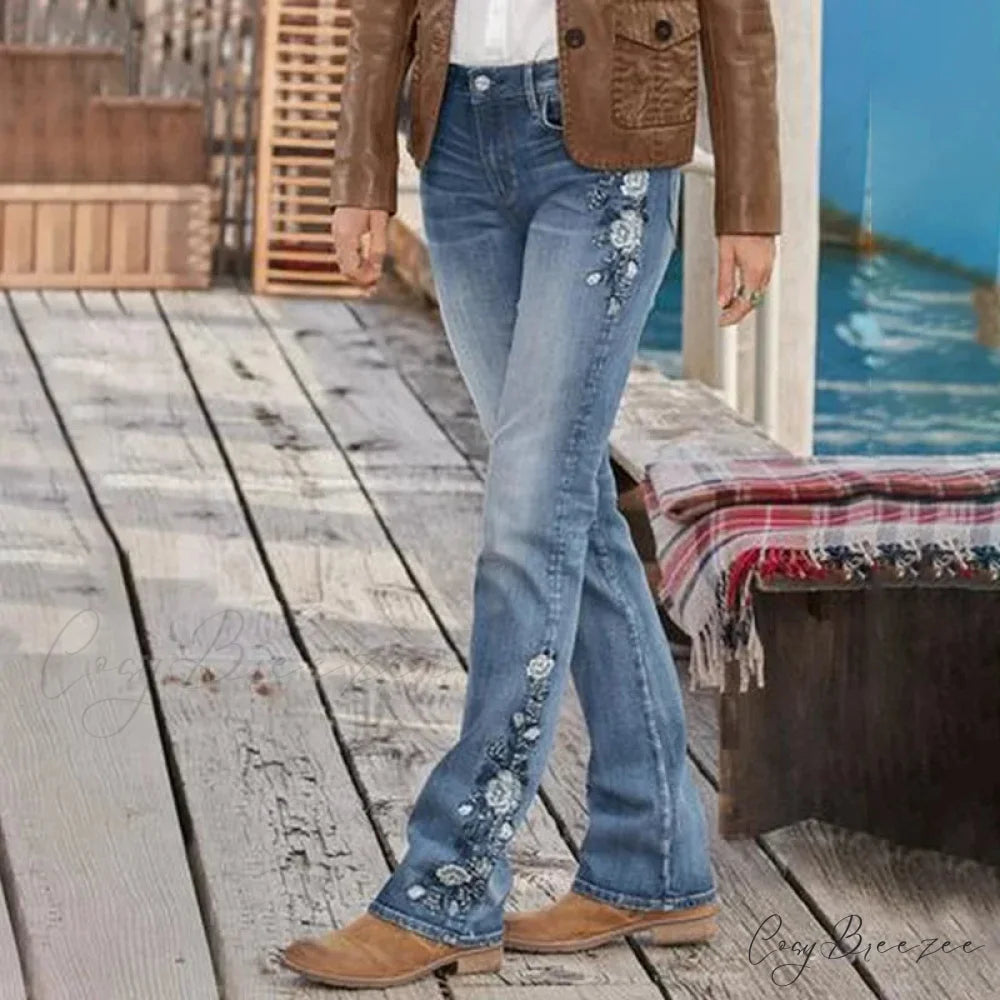 Stretch Women’s 90s Vintage Clothes Printed Denim Loose Washed Fashion Women’s Flare Blue Casual Women’s Pant Jean
