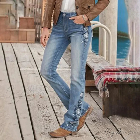 Stretch Women’s 90s Vintage Clothes Printed Denim Loose Washed Fashion Women’s Flare Blue Casual Women’s Pant Jean Blue