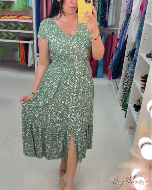 Stretchable Floral Print Dress Green / S