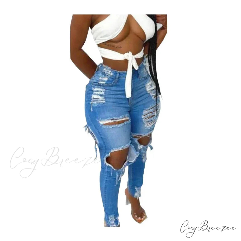 Stretchy Ripped High waisted Women Skinny Autumn Winter Female Denim Jean Blue / S