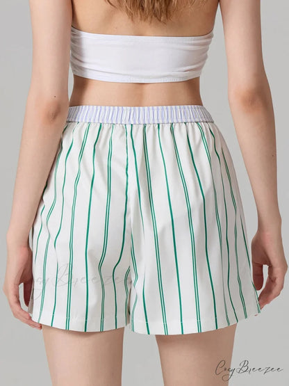 Stripe Button Elastic Waist Shorts short-250223