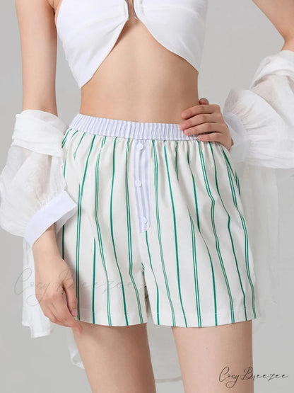 Stripe Button Elastic Waist Shorts short-250223