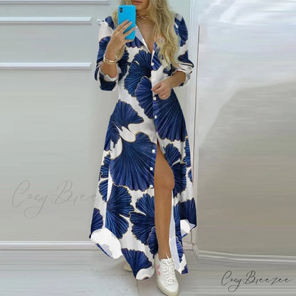 Stripe Button Single Breasted - Gown with Coastal Long Party Design Spring/Summer Colorful Full-Length Dress Blue
