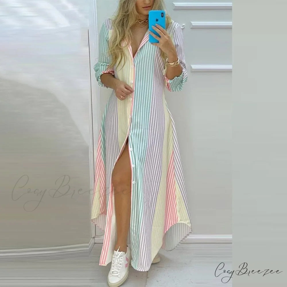 Stripe Button Single Breasted - Gown with Coastal Long Party Design Spring/Summer Colorful Full-Length Dress Stripe / S