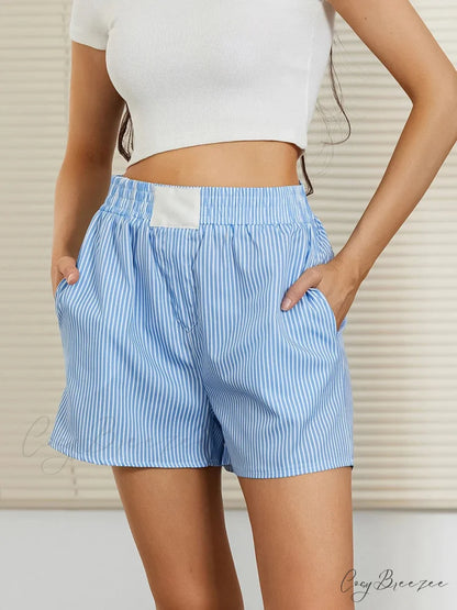 Stripe High Elastic Waist Shorts blue / S short-250223