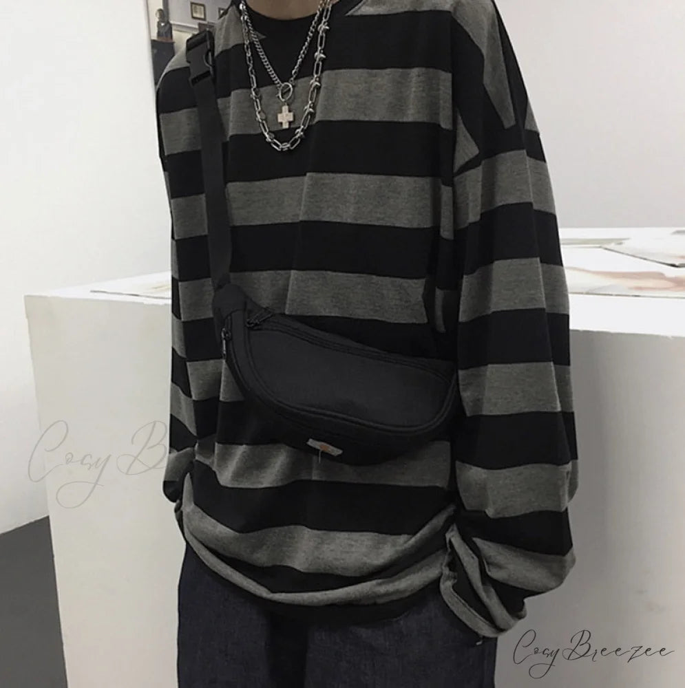 Stripe Long Grunge Arm Tee BLACK / S