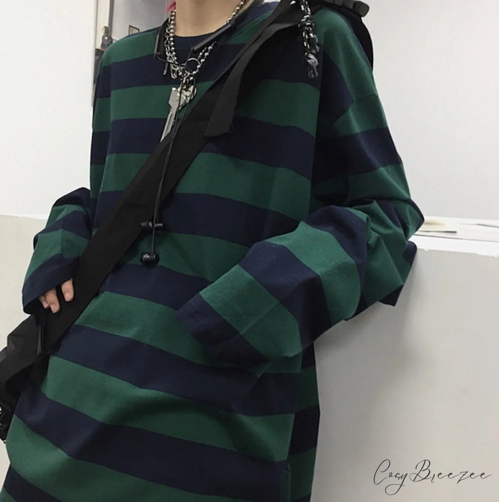 Stripe Long Grunge Arm Tee GREEN / S