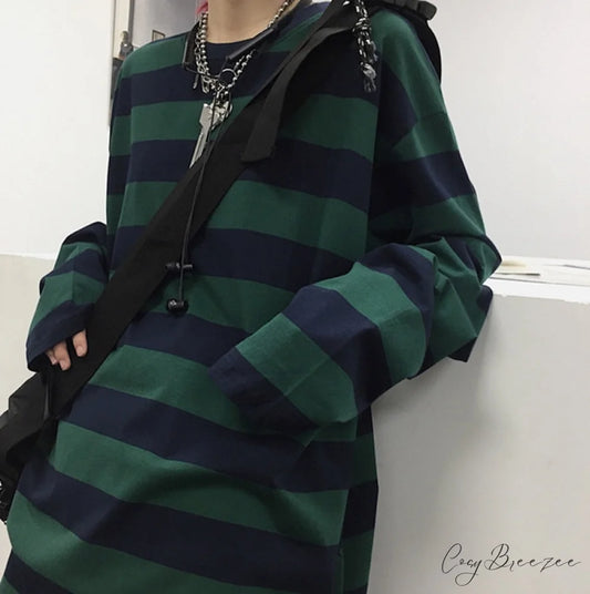 Stripe Long Grunge Arm Tee GREEN / S