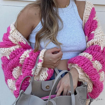 Stripe Pattern Lantern Sleeve Cropped Cardigan PINK / S cardiagn-250126