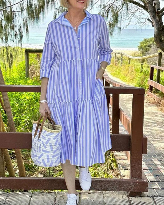 Stripe Print Dress with Shirt Collar Blue / S