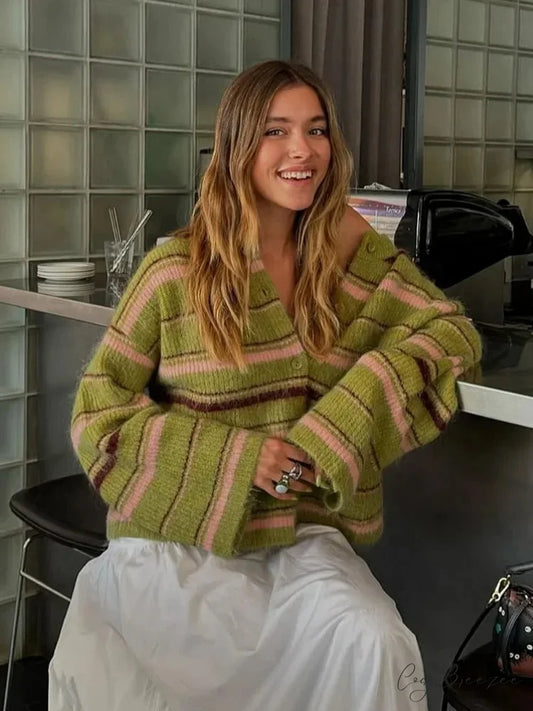 Stripe V-neck Single Breasted Cardigan cardigans-241228
