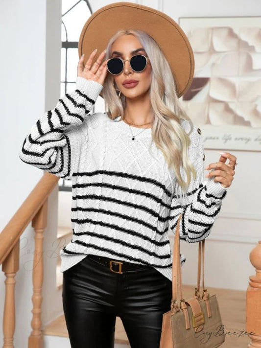 Striped Arm Casual Sweater Pullover Long for Button Women Cracker khaki / S