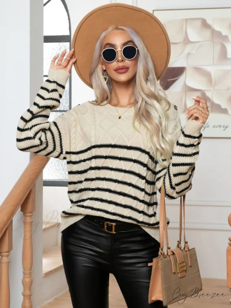 Striped Arm Casual Sweater Pullover Long for Button Women White / S