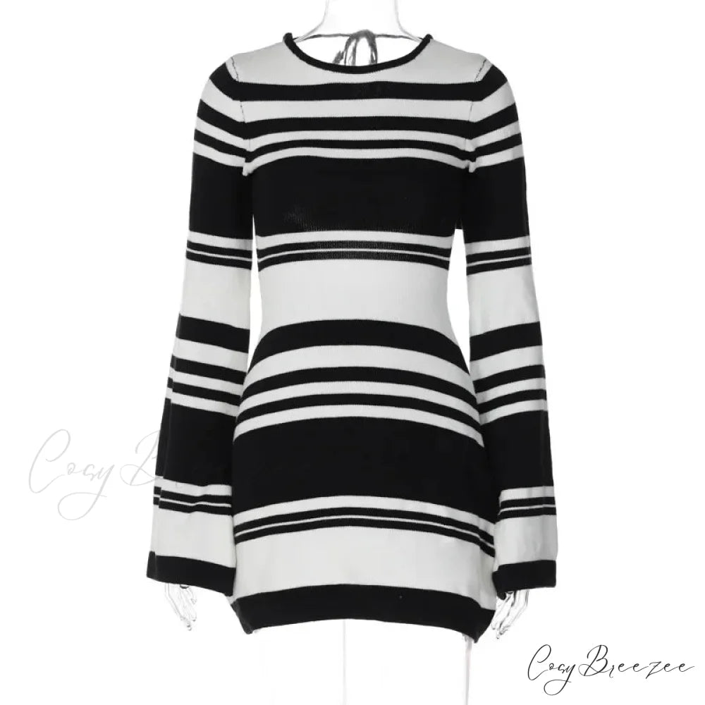 Striped Backless Flare Sleeve Mini Dress