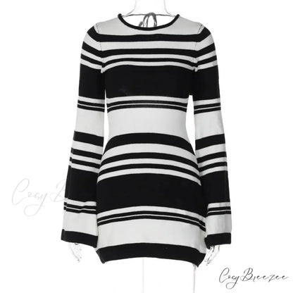 Striped Backless Flare Sleeve Mini Dress