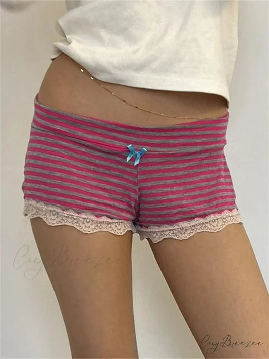 Striped Bow Lace Pajama Shorts red / S short-250223