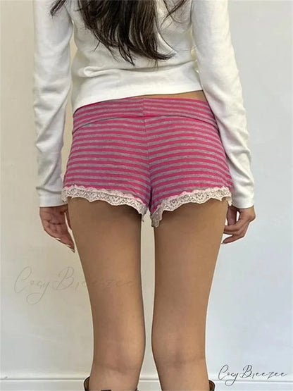 Striped Bow Lace Pajama Shorts short-250223