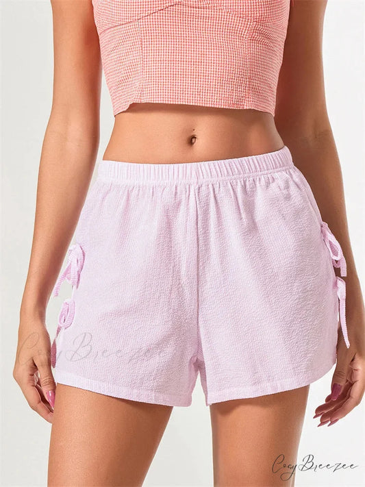 Striped Bow Tie-Up Split Shorts pink / S short-250223