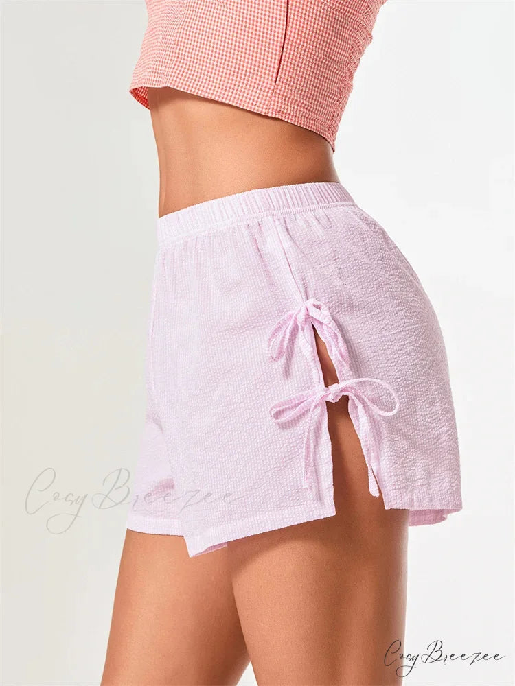 Striped Bow Tie-Up Split Shorts short-250223