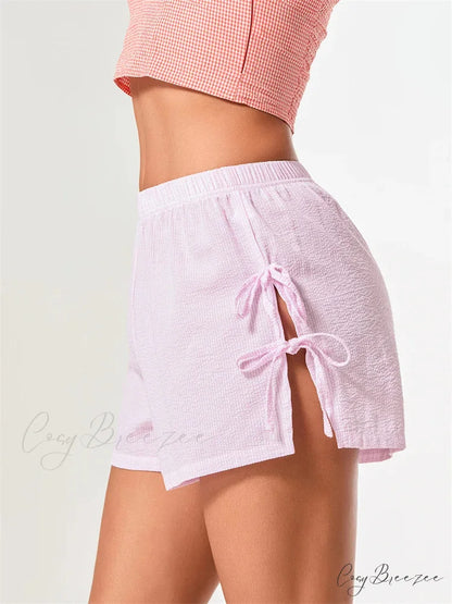 Striped Bow Tie-Up Split Shorts short-250223