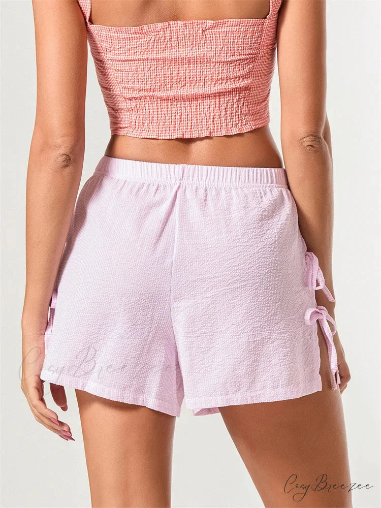 Striped Bow Tie-Up Split Shorts short-250223