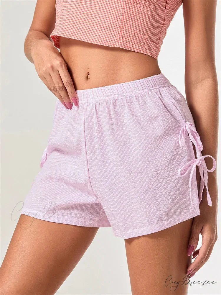 Striped Bow Tie-Up Split Shorts short-250223