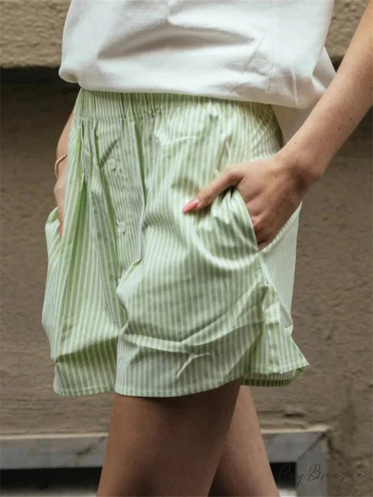 Striped Button High Waist Shorts short-250223