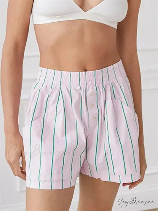 Striped Button High Waist Shorts white / S short-250223