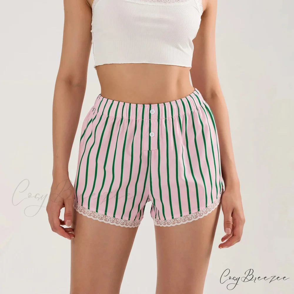 Striped Button Lace Trim Shorts Pink / S short-250223