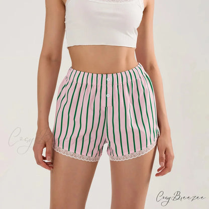 Striped Button Lace Trim Shorts Pink / S short-250223