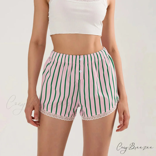 Striped Button Lace Trim Shorts Pink / S short-250223