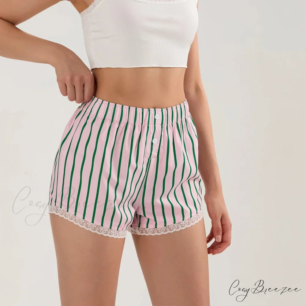 Striped Button Lace Trim Shorts short-250223