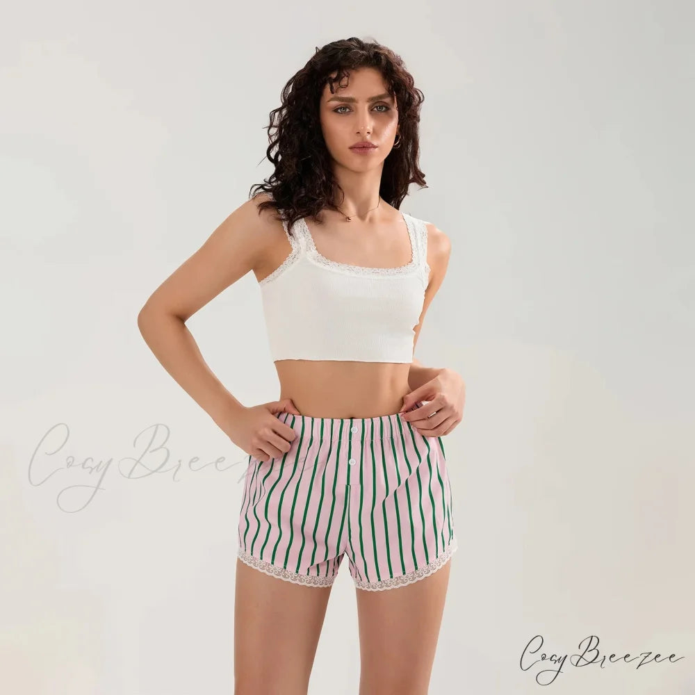 Striped Button Lace Trim Shorts short-250223