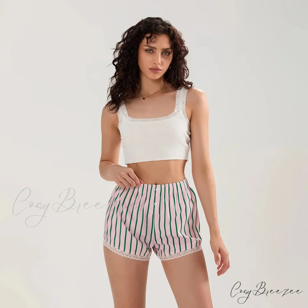 Striped Button Lace Trim Shorts short-250223