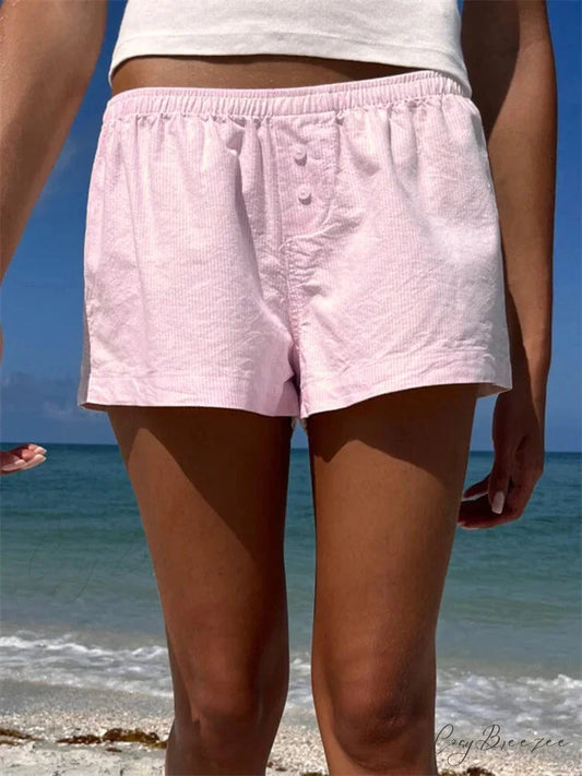 Striped Button Loose Pajama Shorts pink / S short-250223