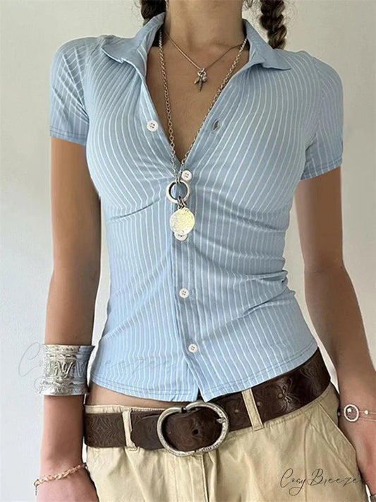 Striped Button-Up Slim Fit Shirt blue / S blouse-250223