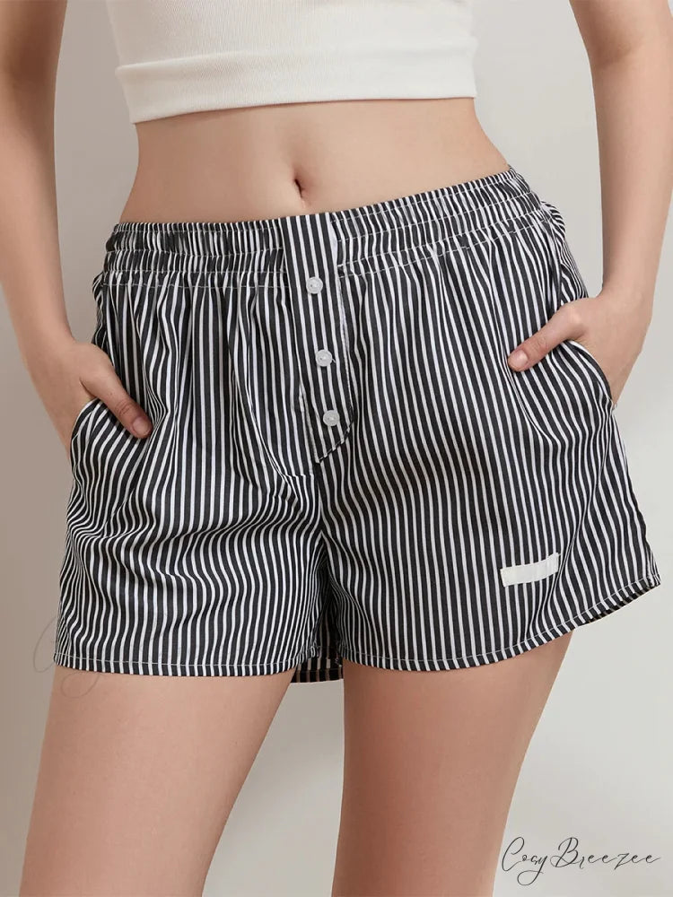 Striped Button Wide-Leg Lounge Shorts black / S short-250223