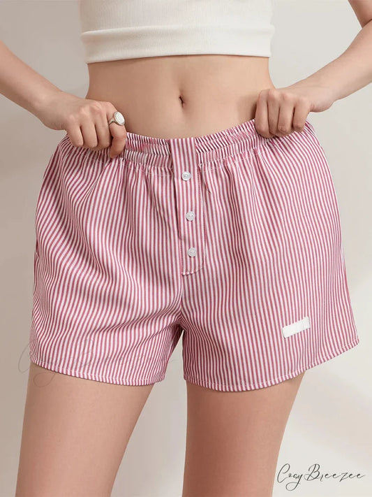 Striped Button Wide-Leg Lounge Shorts pink / S short-250223