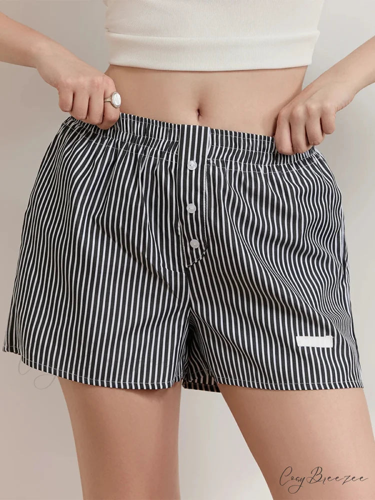 Striped Button Wide-Leg Lounge Shorts short-250223