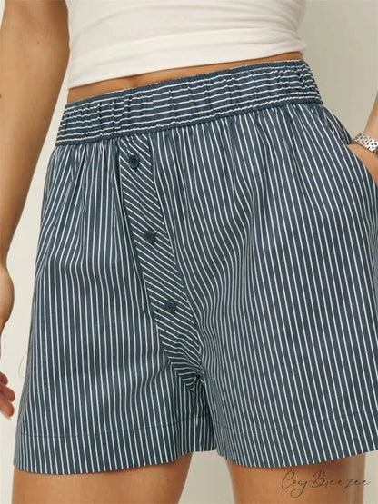 Striped Button Wide-Leg Shorts green / S short-250223