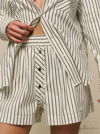Striped Button Wide-Leg Shorts white / S short-250223