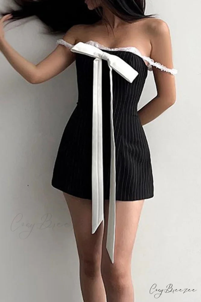Striped Cami Dress with Lace Straps and Bow-tie Black / M