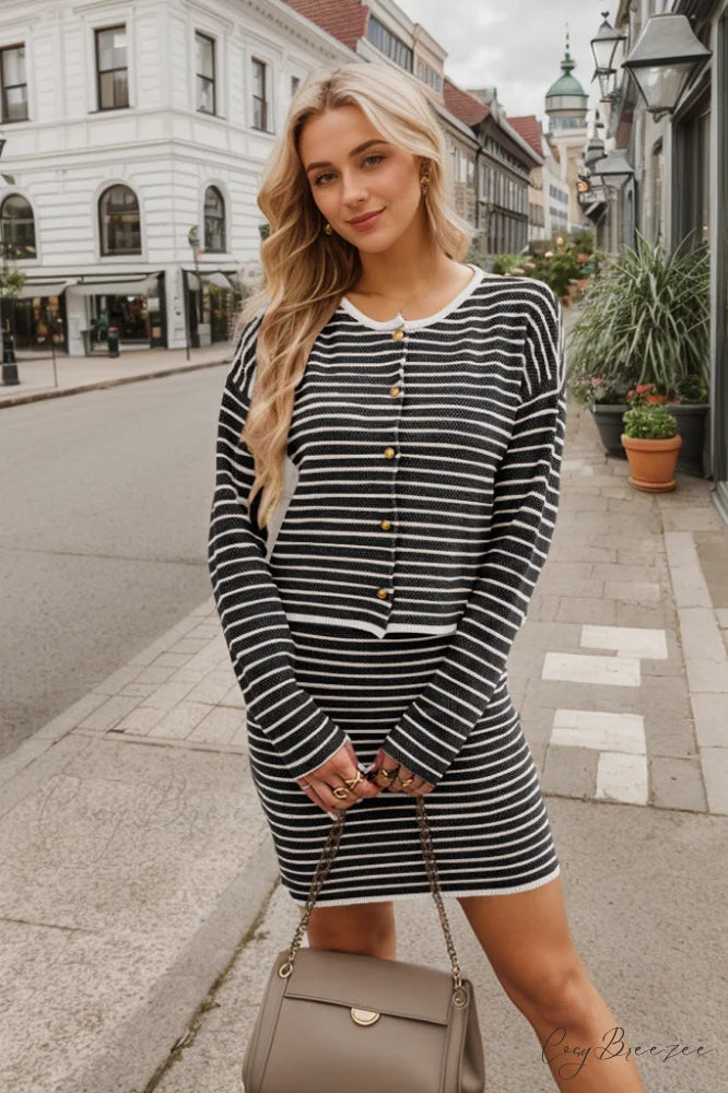 Striped Cardigan Casual Suit GRAY / S