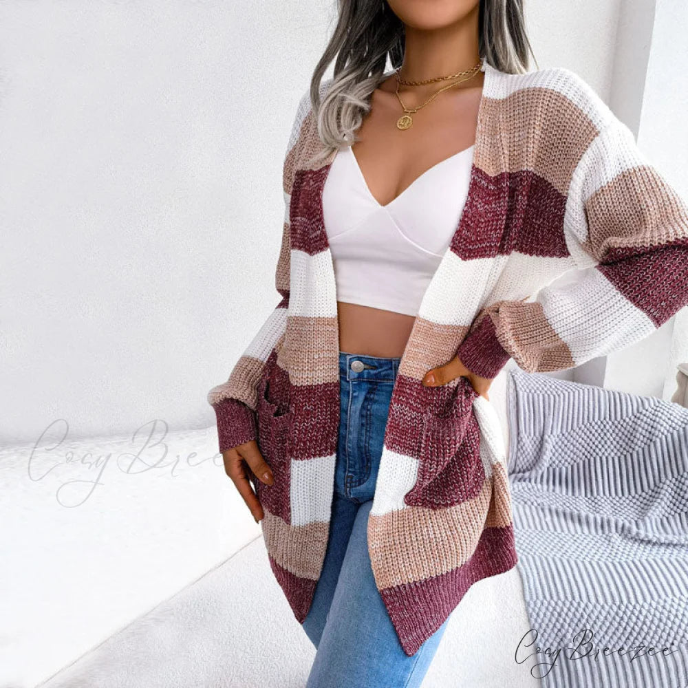 Striped Cardigan Wine Red / S