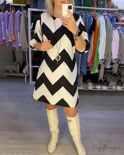 Striped Casual Dress with Round Neck Black / S