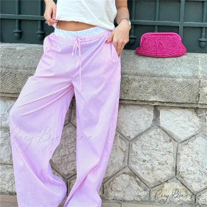 Striped Casual Gathered Retro Straight Pant Pink / S pant-250223