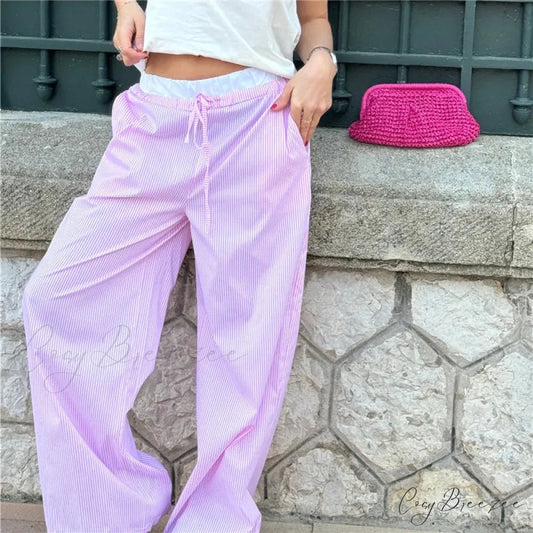 Striped Casual Gathered Retro Straight Pant Pink / S pant-250223