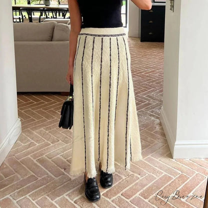 Striped Casual Vintage Elastic Waist Tassel Skirt Beige / S